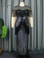 Ingvn - Elegant Dress for Women Luxury Long Black Sequin Tassel Dresses Fringe Prom 2023 Wedding Guest Formal Occasion Big Size 3XL 4XL