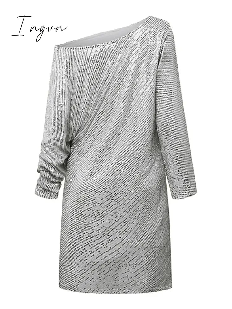 Ingvn - Women‘s Party Dress Sequin Dress Holiday Dress Shift Dress Short Mini Dress White Black Gold Long Sleeve Pure Color Sequins Fall Spring One Shoulder Stylish Hot Party Loose 2023 S M L XL