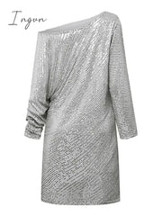 Ingvn - Women‘s Party Dress Sequin Dress Holiday Dress Shift Dress Short Mini Dress White Black Gold Long Sleeve Pure Color Sequins Fall Spring One Shoulder Stylish Hot Party Loose 2023 S M L XL