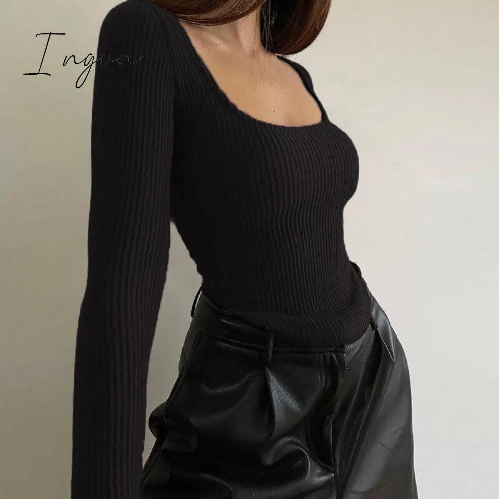 Ingvn - Crop Top Streetwear Long Sleeve Women Basic Cropped Skinny Casual Autumn Winter Sexy Ruched T Shirts Ins Red Tops