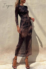 Ingvn - Casual Vintage Gradual Change Print See-through O Neck Long Sleeve Dresses
