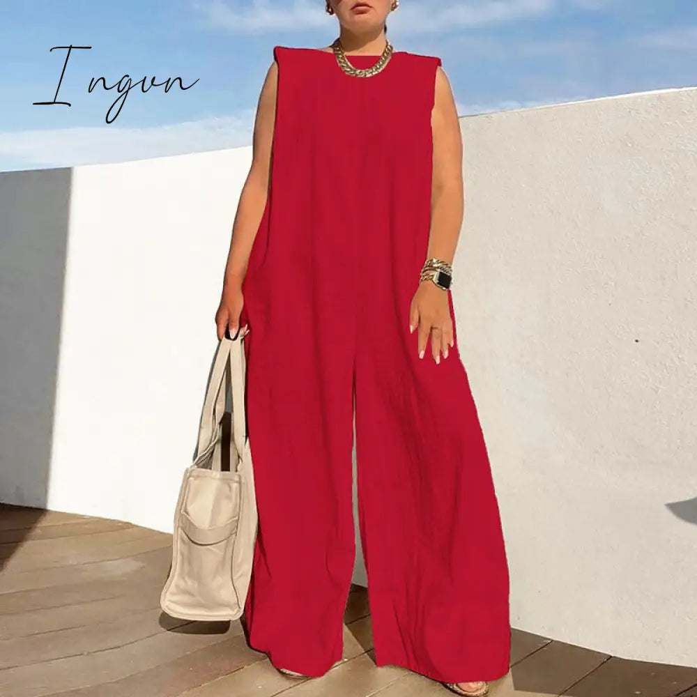Ingvn - Summer Women Casual O-Neck Sleeveless Tank Playsuits Fashion Pattern Print Wide Leg Jumpsuit Office Lady Loose One Piece Rompers