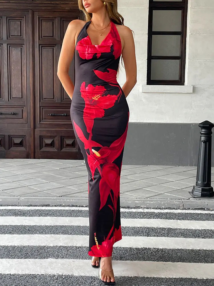 Women Neck-Mounted Maxi Dresses Summer New Streetwear Fashion Lace-up Dress Red Sexy Lady Print Backless Low Chest V-Neck Dress
