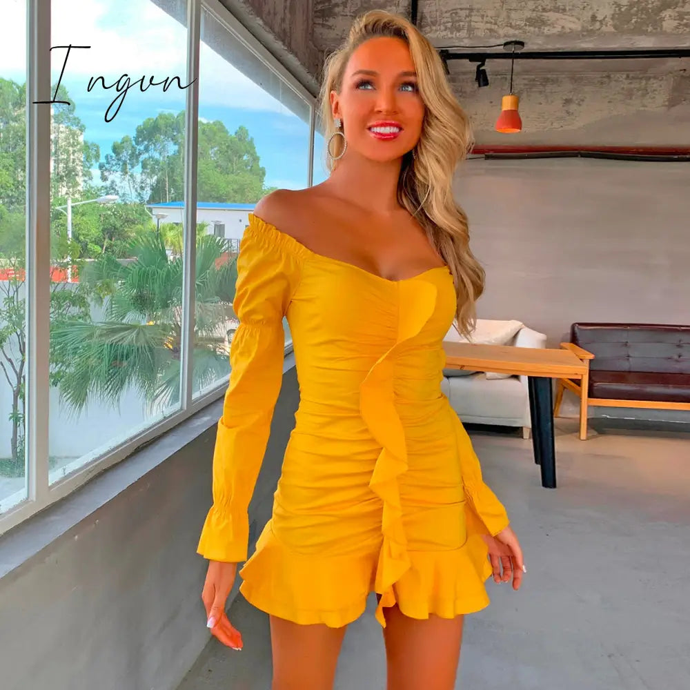 Ingvn - White Summer Dress Women Pleated Bodycon zipper Club Party Sexy Dresses long Sleeve Mini Elegant Dress Vestido Bandage