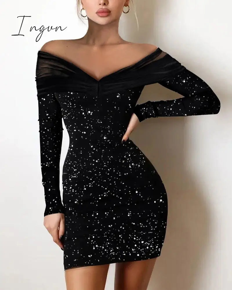 Ingvn - Y2K Sexy Floral Print Contrast Mesh Bodycon Dress Geometric Night Out Vestidos Mini Casual Daily Women Floral Dress