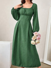 Stunning Textured Cross Tie Lantern Sleeve Midi Dress - Elegant Square Neck, Drawstring Waist, Semi-Sheer, Solid Color, Polyester, Machine Washable, Customized Fitted Design for Women - Perfect for Spring and Fall Seasons