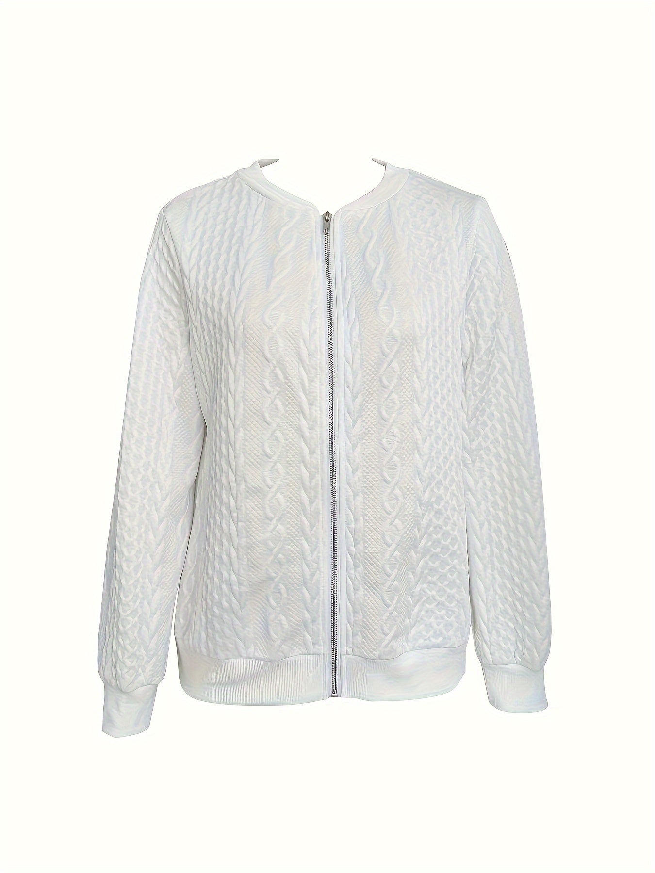 Textured Zip Up Bomber Jacket, Casual Solid Long Sleeve Outerwear, Women's Clothing