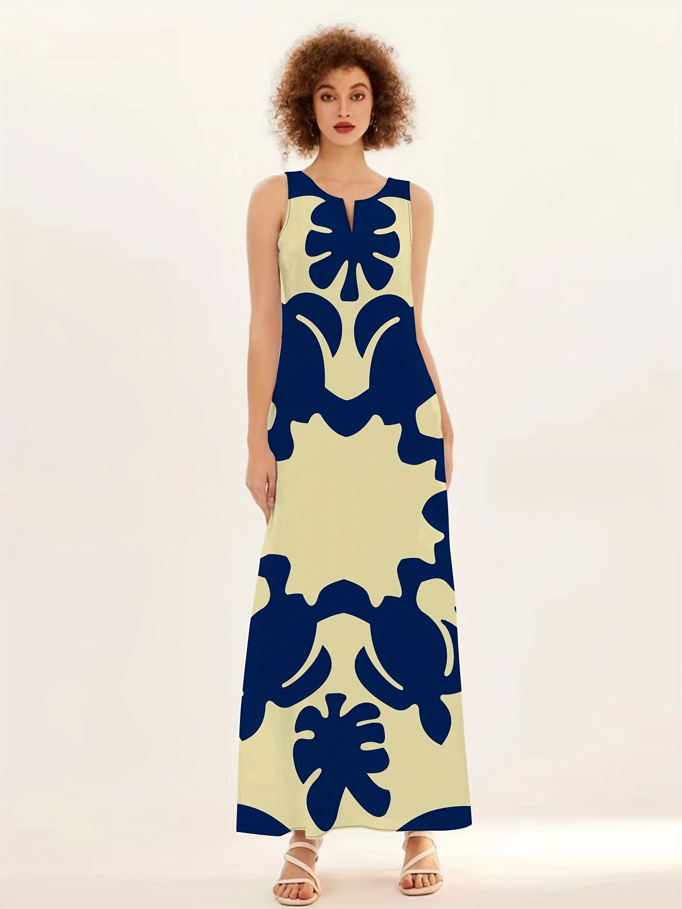 Boho Chic Sleeveless V-Neck Maxi Dress - Eye-Catching Graphic Print, Perfect for Spring & Summer - Womens Airy Beachwear