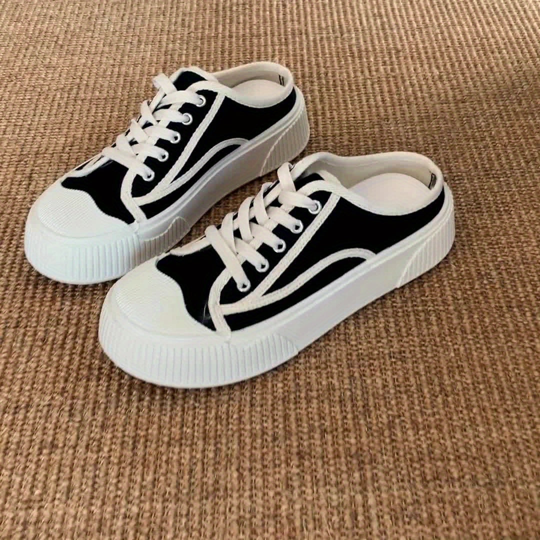 Women's Flatform Mule Sneakers, Casual Round Toe Slip On Backless Skate Shoes, All-Match Preppy Student Walking Shoes