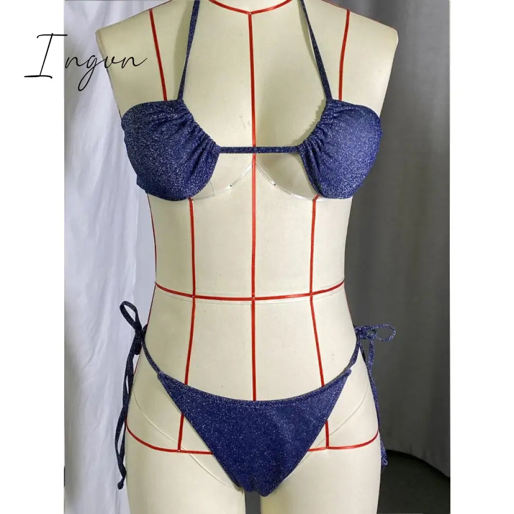 Ingvn - Shiny Bikinis Swimwear Women Summer Bikini Set String Swimsuit Micro Thong Two Piece Suits Halter Beachwear Sexy Bath Suits