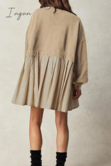 Ingvn - Casual Solid Patchwork Contrast O Neck Pleated Dresses