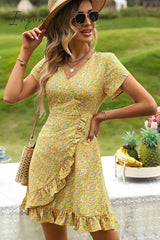 Ingvn - Floral Short Sleeve Surplice Neck Ruffled Dress