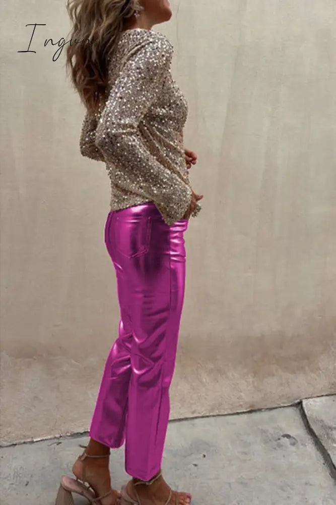 Ingvn - Sinclair Metallic Faux Leather High Rise Pocketed Straight Pants