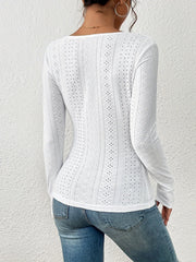 Feminine Sweetheart Neck Eyelet T-Shirt - Delicate Lace Trim, Long Sleeve Slim Fit Top for Spring & Fall - A Must-Have Womens Casual Wardrobe Essential