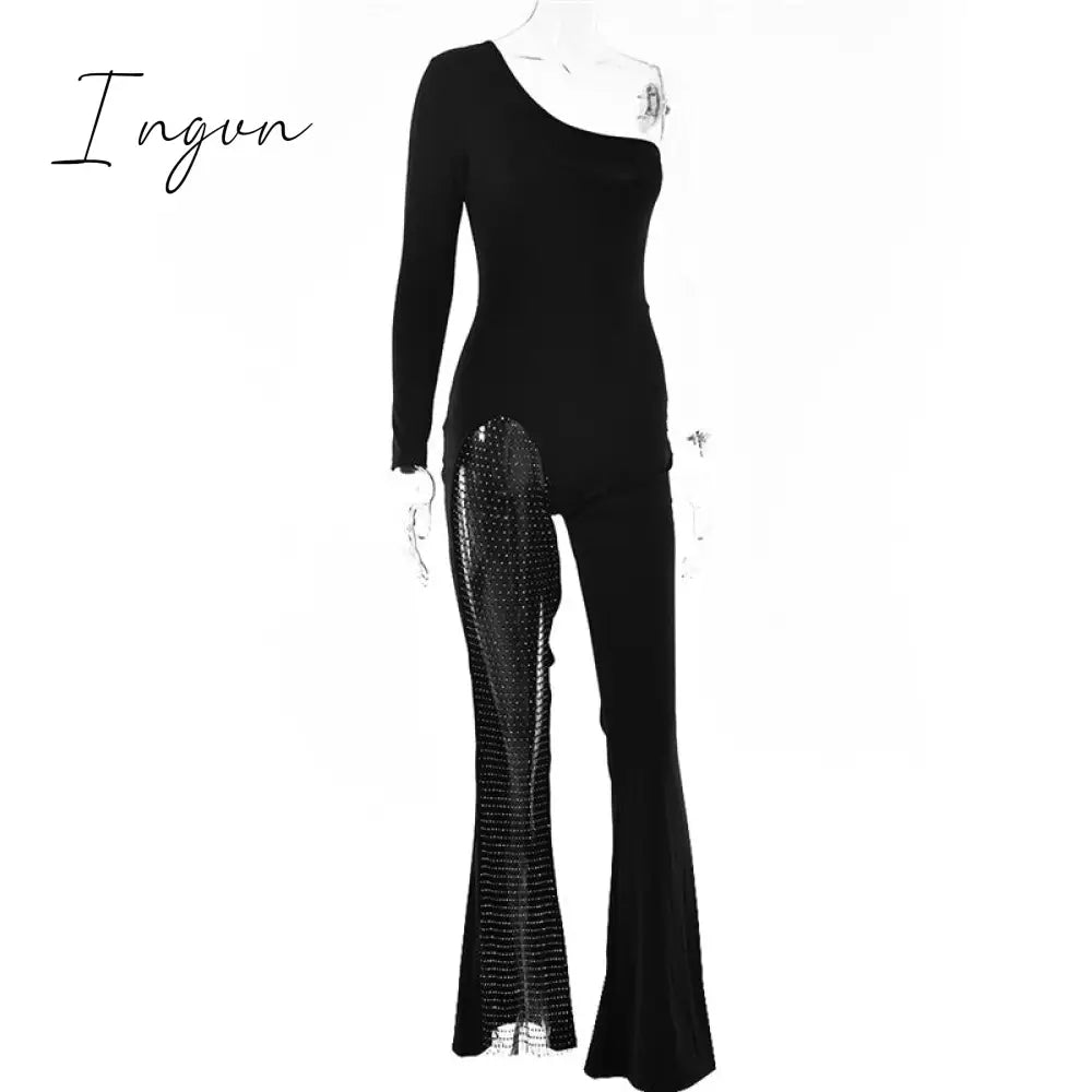 Ingvn - Patchwork Diamond Fishnet Bodycon Women Jumpsuit Black One Shoulder Long Sleeve Jumpsuit Lady Sexy Evening Party Clothes
