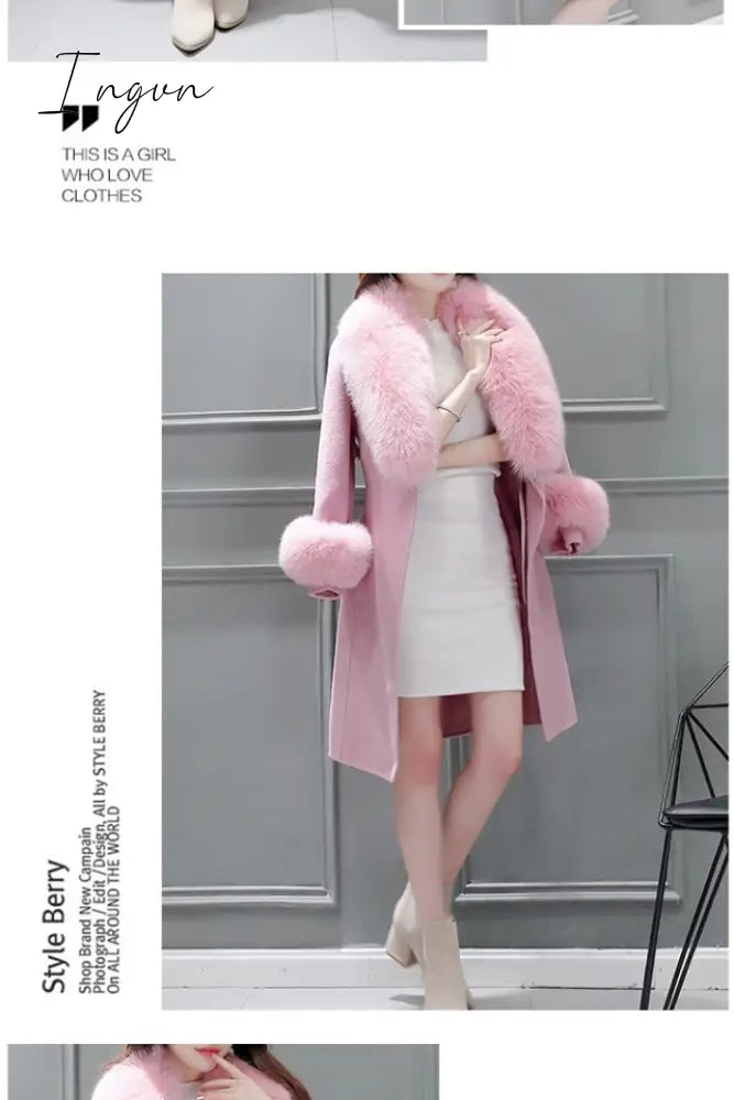 Ingvn - Fur Woolen Coat =New Women  Knee Mid-length Korean Fashion Big Fur Collar Beautiful Cloak Red Pink White Camel S To 3XL