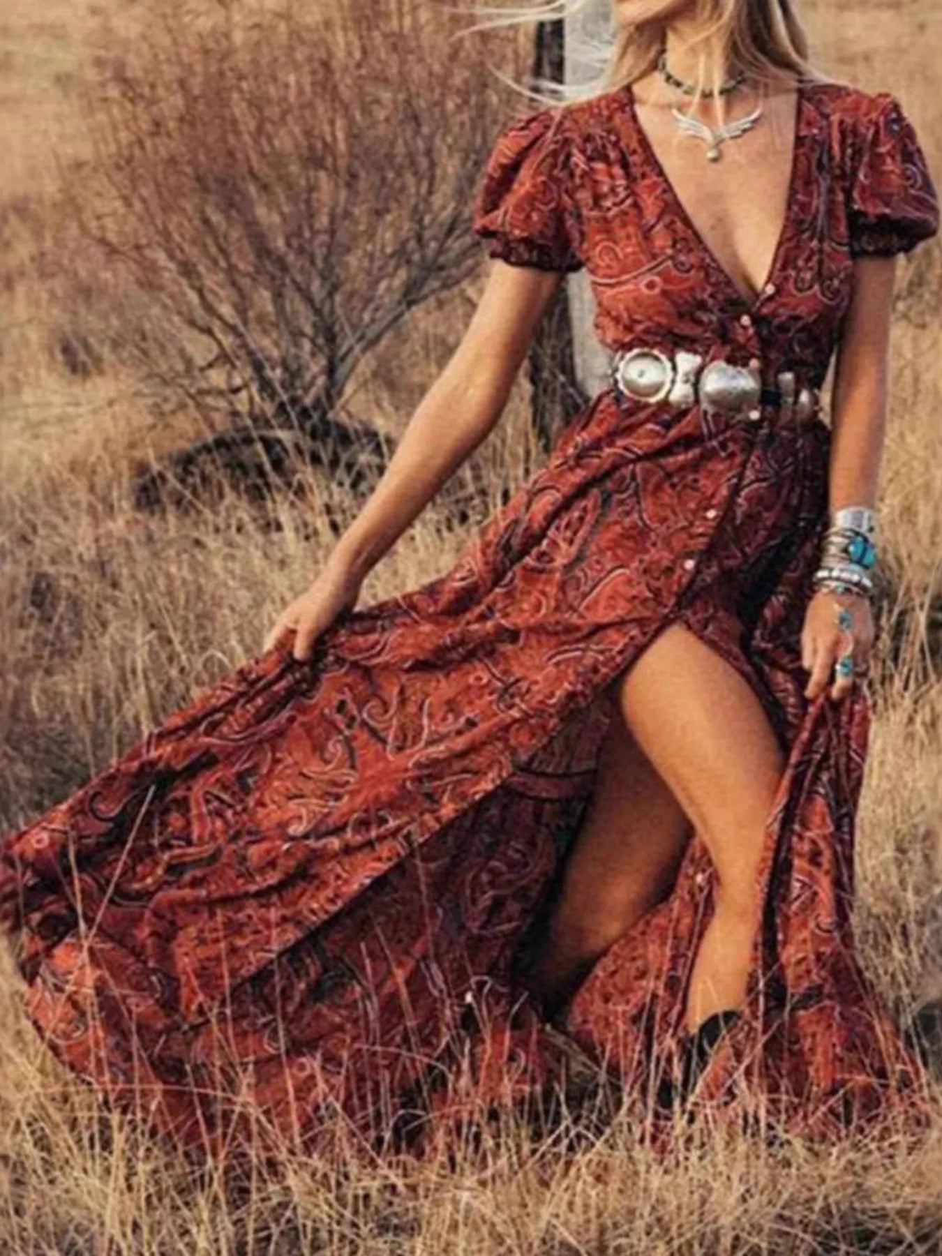 Full Size Printed Puff Sleeve Maxi Dress Plus Size