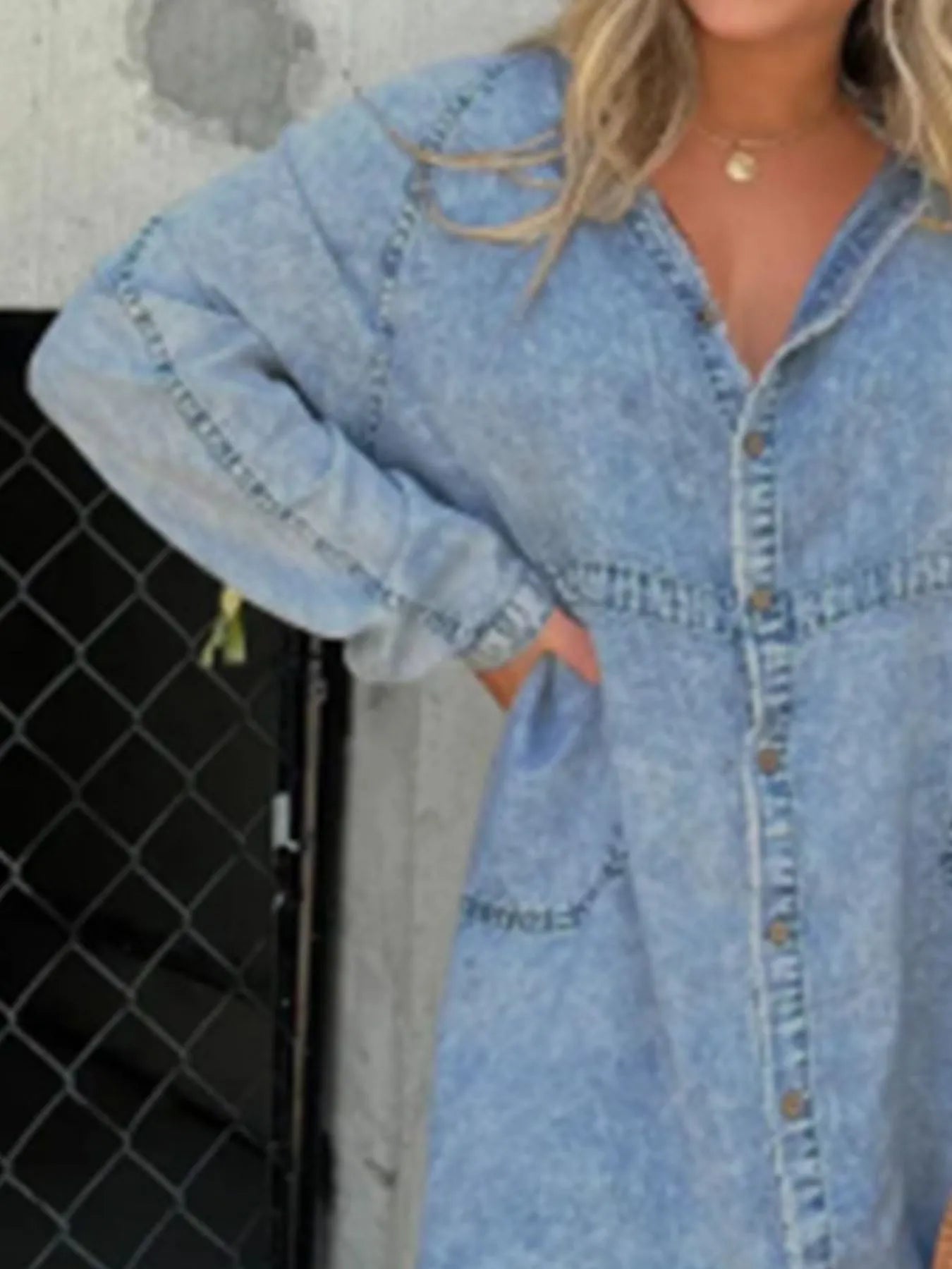 Full Size Button-Front Long Sleeve Denim Shirt Dress Plus Size