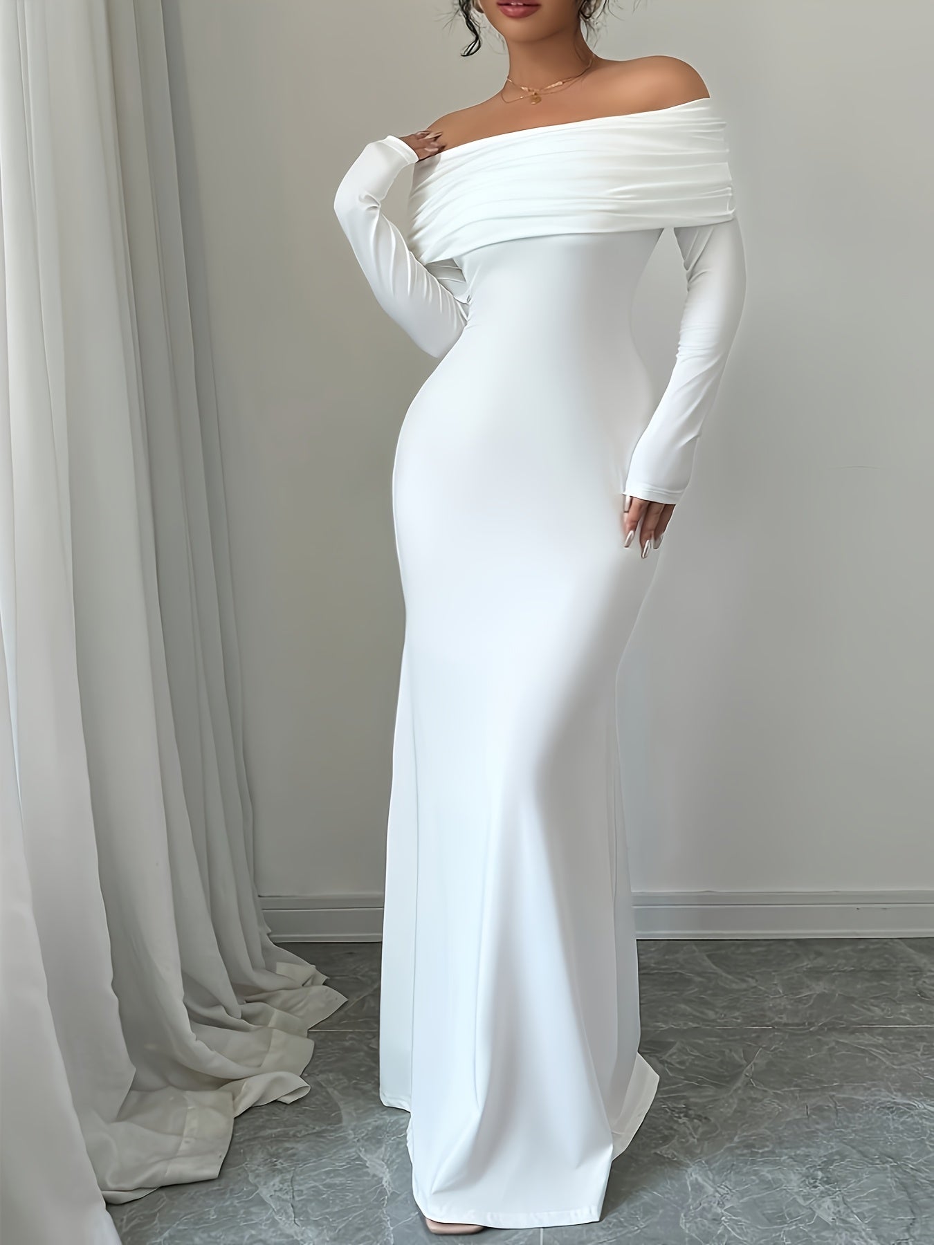 1pc Elegant White Polyester Bodycon Maxi Dress, Long Sleeve Off-Shoulder Backless Ribbed Knit Twist Fish Tail Hem, All-Season Solid Color Dress for Adults