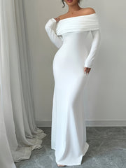 1pc Elegant White Polyester Bodycon Maxi Dress, Long Sleeve Off-Shoulder Backless Ribbed Knit Twist Fish Tail Hem, All-Season Solid Color Dress for Adults