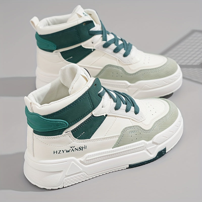 Trendy Women's High-Top Sneakers - Versatile White, Lace-Up Casual Shoes with Thick Sole, Breathable PU Cover & Comfort Fabric