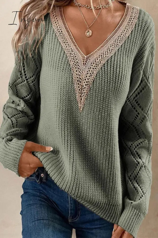 Ingvn - Casual Simplicity Solid Lace V Neck Tops