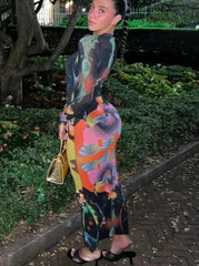 Ingvn - Print Long Sleeves Graphic Patchwork Sexy Slim Maxi Prom Dress Fall Women New Casual Streetwear Party Y2K Clothes