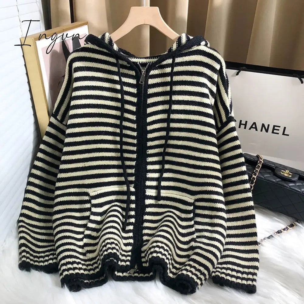 Ingvn - Autumn Winter Red Stripes Hooded Knit Cardigan Woman Korean Fashion Loose Casual Sweater Zipper Coat Oversized Long Sleeve Top