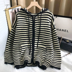 Ingvn - Autumn Winter Red Stripes Hooded Knit Cardigan Woman Korean Fashion Loose Casual Sweater Zipper Coat Oversized Long Sleeve Top