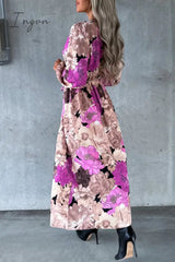 Ingvn - Elegant Floral Slit V Neck Printed Dress Dresses