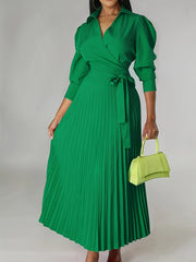 Solid Pleated Dress, Elegant Knotted V Neck 3/4 Sleeve Dress, Women's Clothing