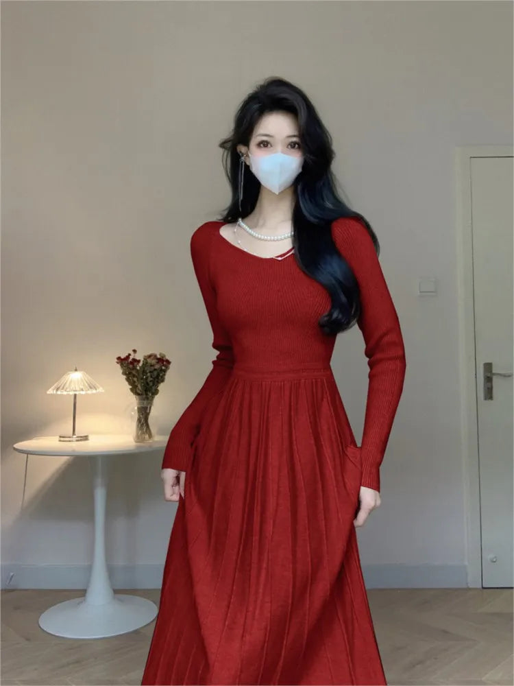 Elegant Casual Pleated Knitted Dress for Women Korean Autumn Slim A Line Sweater Dresses Long Sleeve One Piece Female Clothes