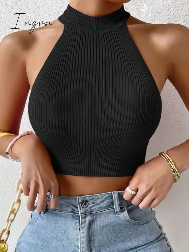 Ingvn - Summer Dopamine Women Basics Casual Knit Sleeveless Corset Halter Crossfit Crop Top Y2k Clothes Femme Stretch Sweater Tank