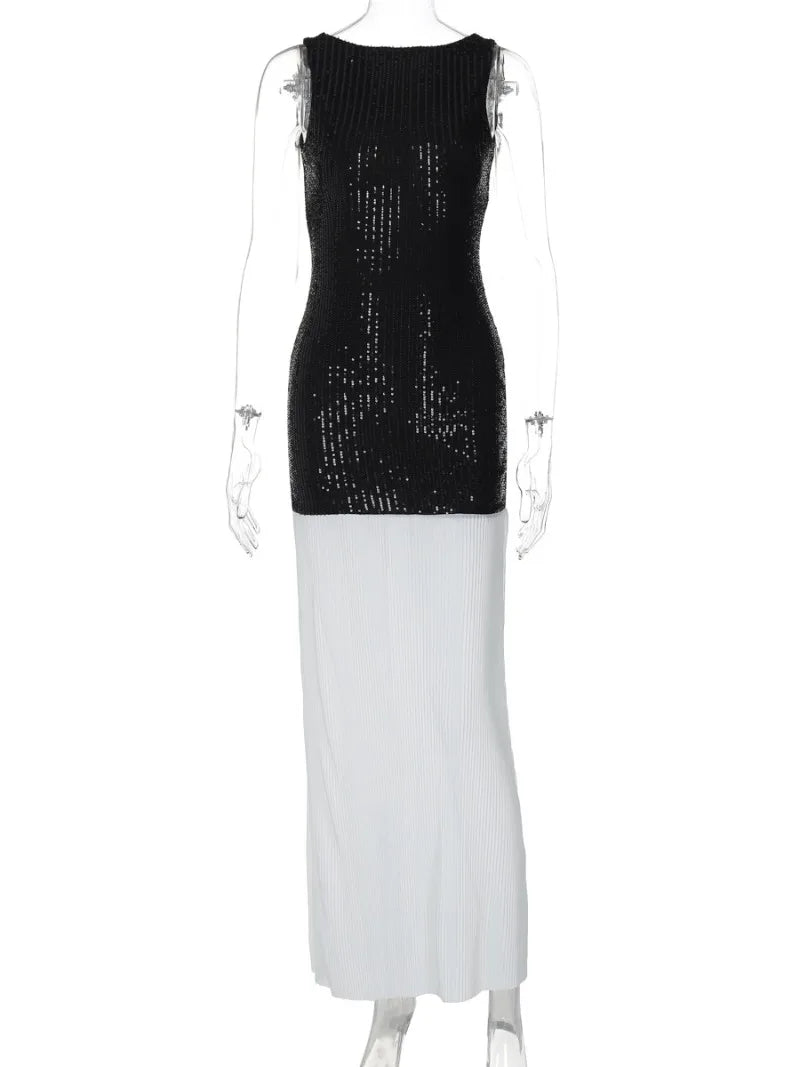 Ingvn  Autumn New in Backless Sequins Patchwork Long Party Dress Women's Sexy O-neck Sleeveless Bodycon Tank Dresses Streetwear