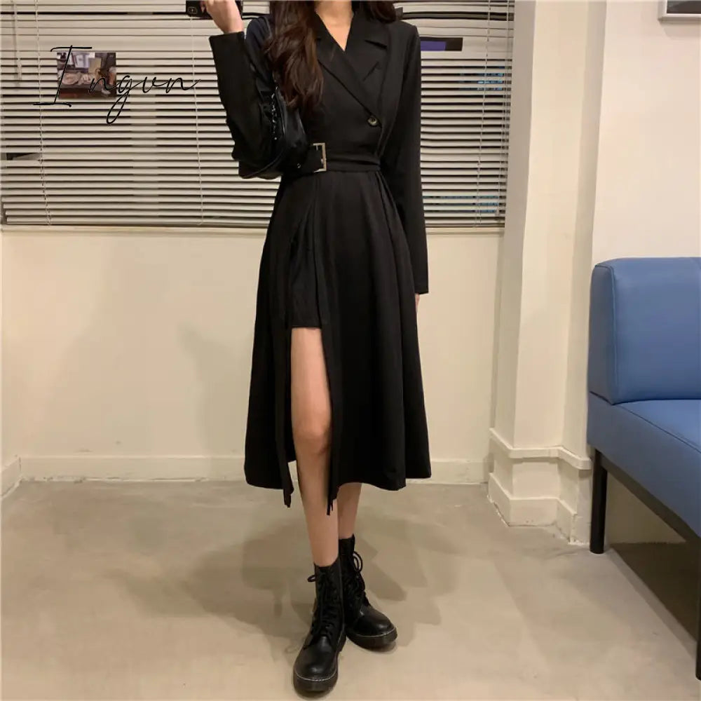 Ingvn - Long Sleeve Dresses Women Bandage Punk Streetwear Hipster Vestidos Mujer Elegant Popular Side Slit A-Line Charm Vintage Ulzzang