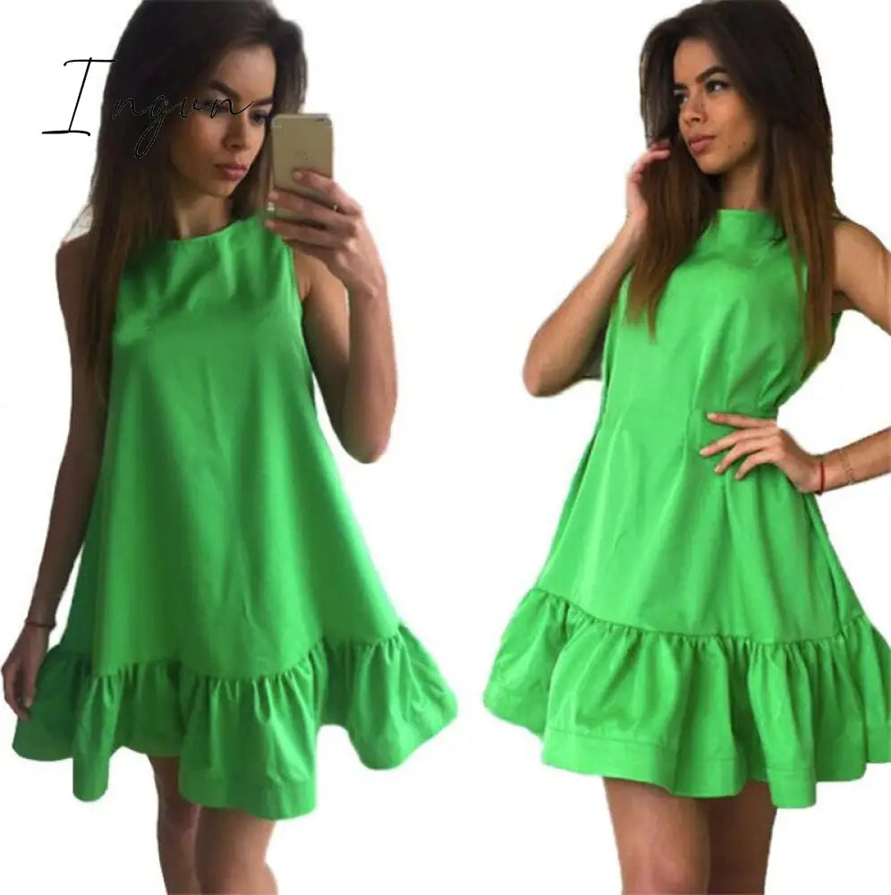 Ingvn - Women Female Short Sleeve Loose Mini Short A-line Dresses Summer Beach Casual Dress Candy Color S-XXL