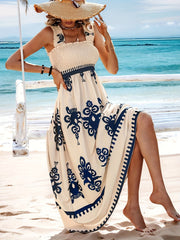 Floral Print Wide Strap Dress, Vacation Style Shirred Bust A-line Dress For Spring & Summer, Women's Clothing