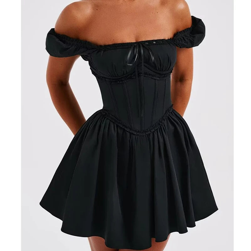 New Women Sexy Off Shoulder White Mini Dress Short Sleeve Low Waist Lace Up Back Sweet Summer Dresses Cotton Robe