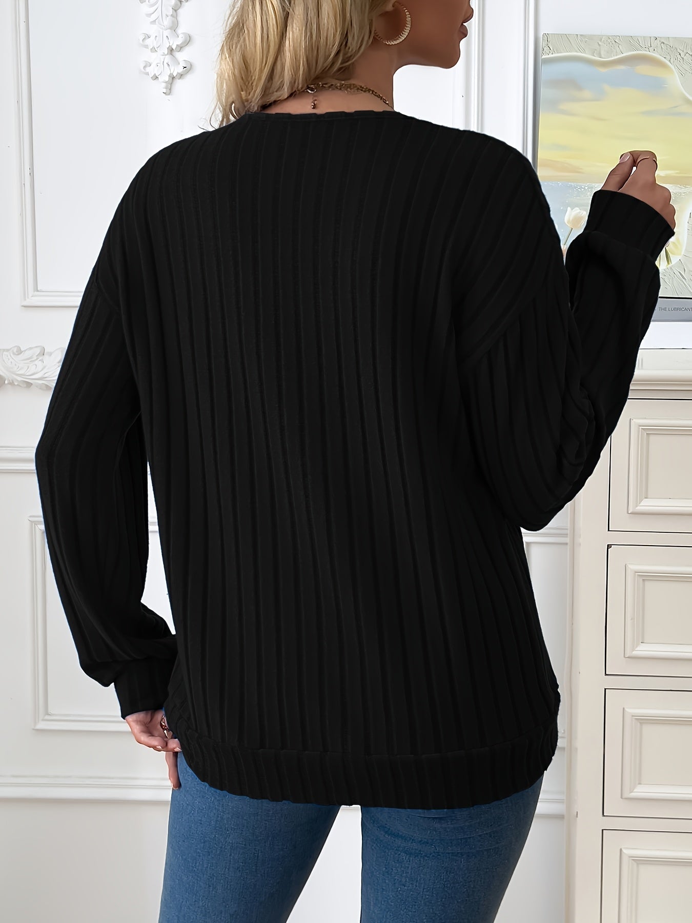 1pc Elegant Women'S V-Neck Ribbed Sweater - 100% Polyester Knit Fabric, Solid Color, Long Sleeve, Regular Length for Spring/Fall