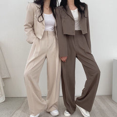 Korean Style Office Lady Blazer Sets Autumn Loose 2 Two Piece Set Women Long Sleeve Short Suit Coat + Straight Suit Pants Suits