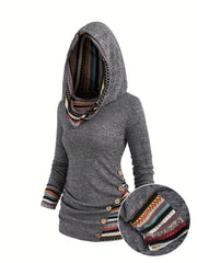 Stripe Splicing Button Decor Hoodie, Casual Long Sleeve Hoodie, Women's Clothing