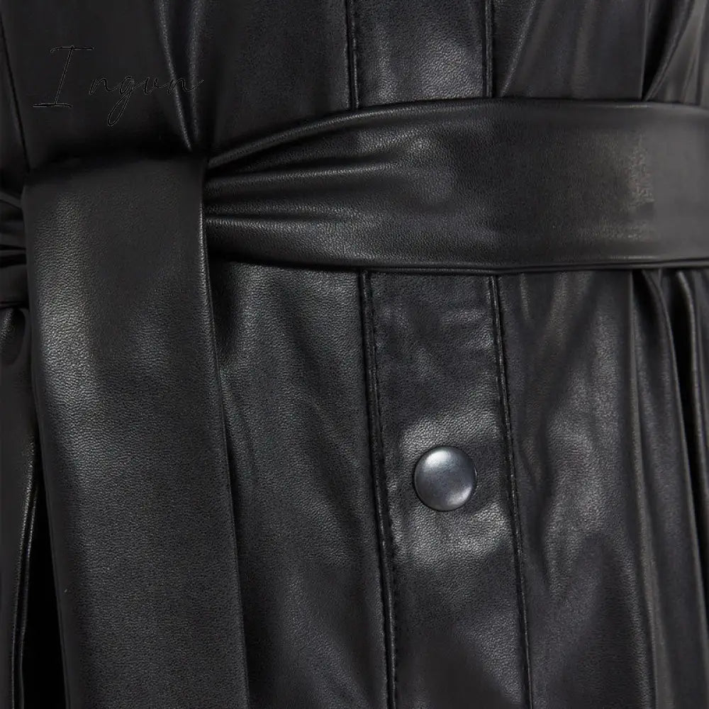 Ingvn - Winter Casual Sashes Pu Leather A-Line Dresses Women Turn-down Collar Long Sleeve Solid Color Knee Dress Office Lady Wear