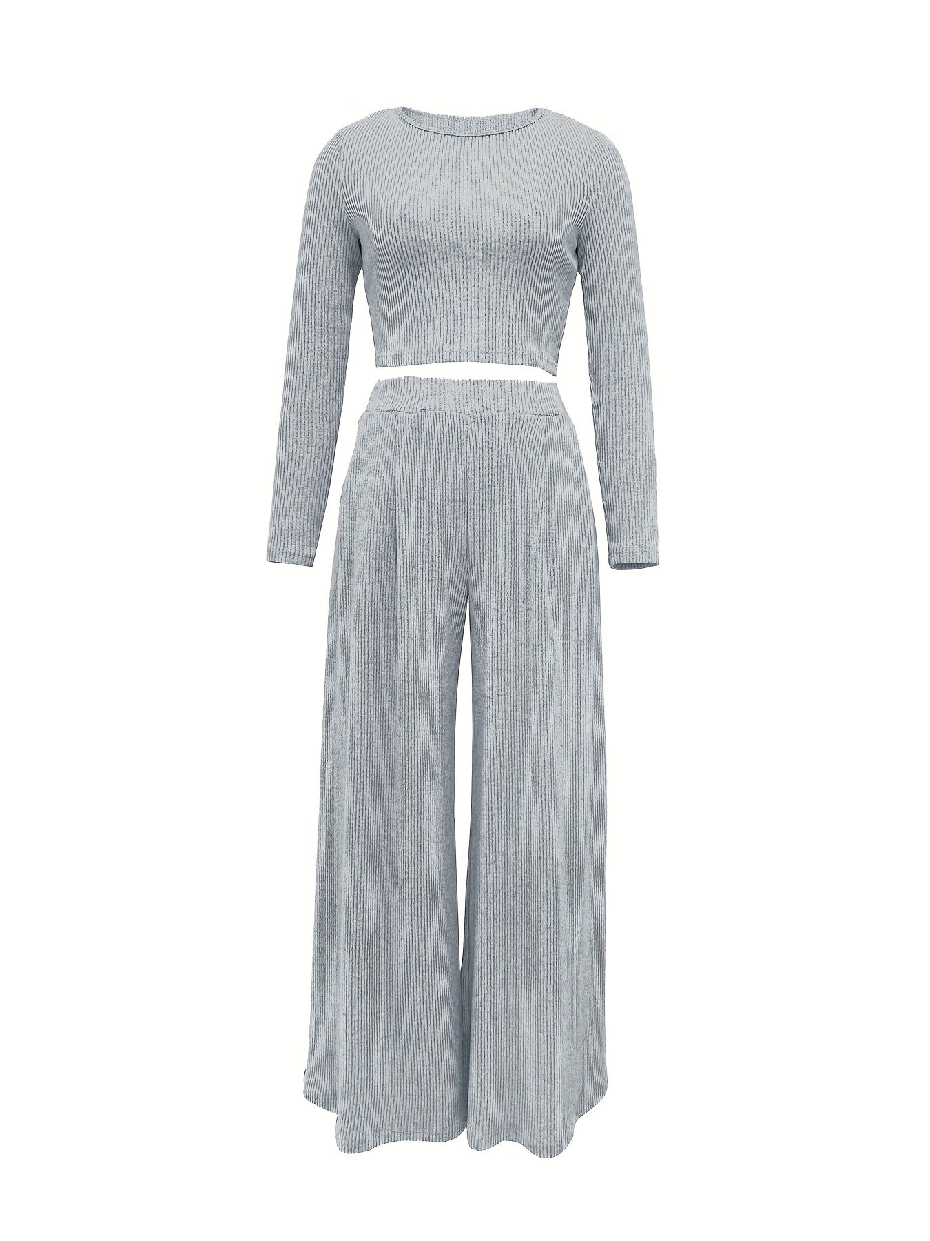 Chic Solid Two-Piece Set - Soft Knit Crew Neck Top & High Waist Wide Leg Pants - Comfortable Casual Outfit for Women