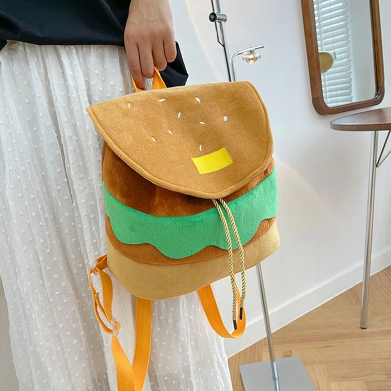 INGVN  Large Capacity Plush Backpacks Lovely Cartoon Hamburger Backpack Drawstring School Bag Travel Backpack for Students