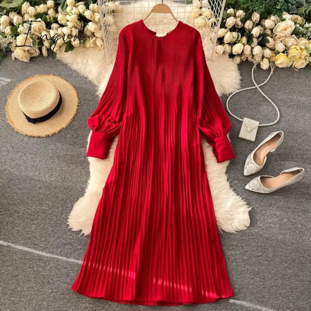 Ingvn - Vintage Pleated Chiffon Long Dress Women Casual Solid Pink/Green/Red O-Neck Draped Slim Vacation Vestidos Autumn Robe New