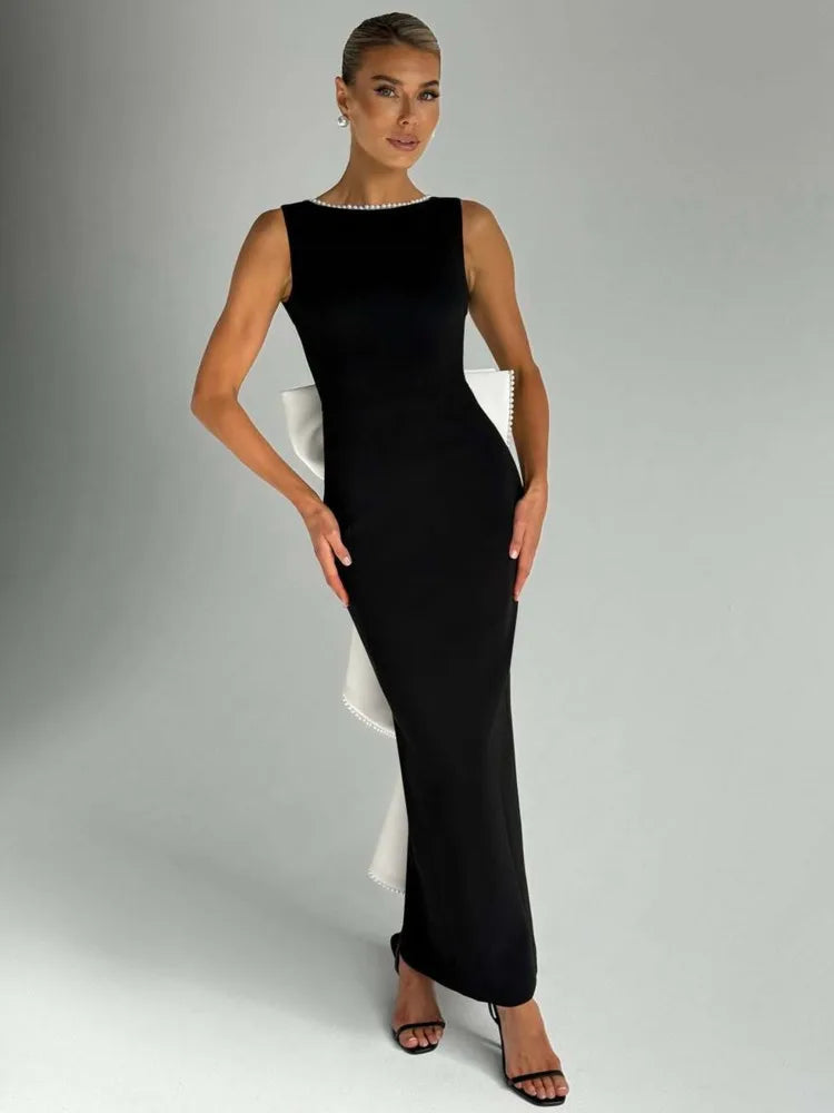 Elegant Pearl Bow Backless Sexy Maxi Dress Women Gown Fashion Sleeveless High Waist A-line Club Party Long Dress