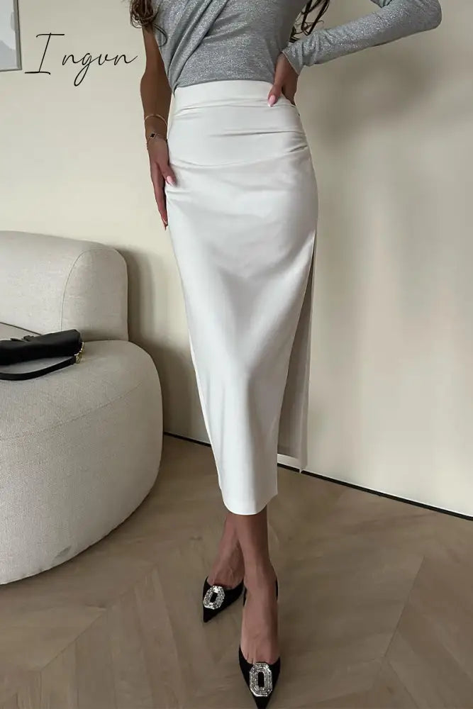 Ingvn - Elegant Solid Slit Fold Regular High Waist Solid Color Bottoms