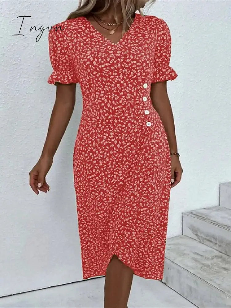 Ingvn - Women's Casual Dress Wrap Dress Floral Dress Floral Button Print V Neck Midi Dress Fashion Classic Daily Holiday Short Sleeve Regular Fit Black Dark Red Yellow Summer Spring S M L XL XXL