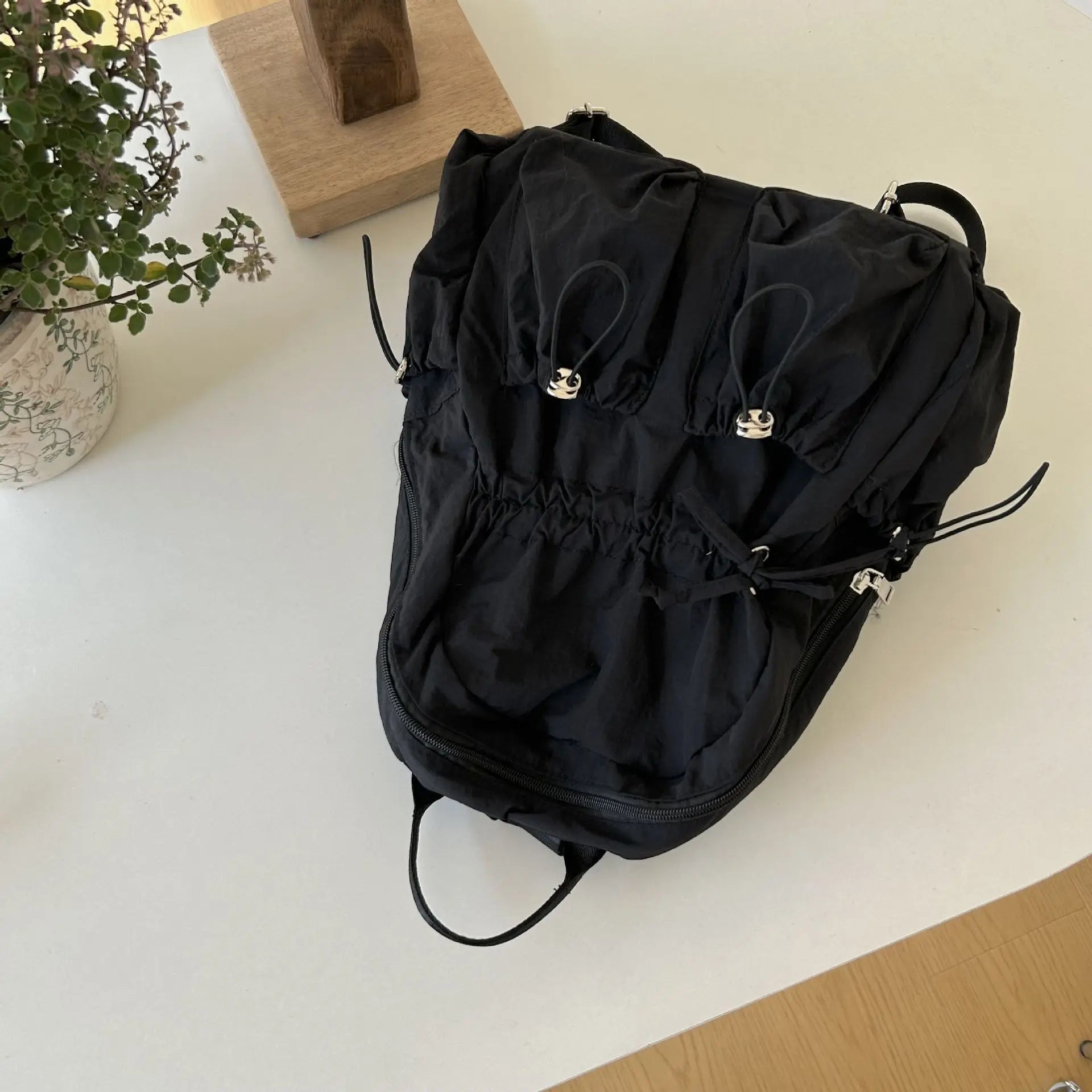 INGVN  Korean Simple Nylon Summer Beach Pleated Women Backpack Students School Girl Backpack Travel Commuter Backpacks for Women