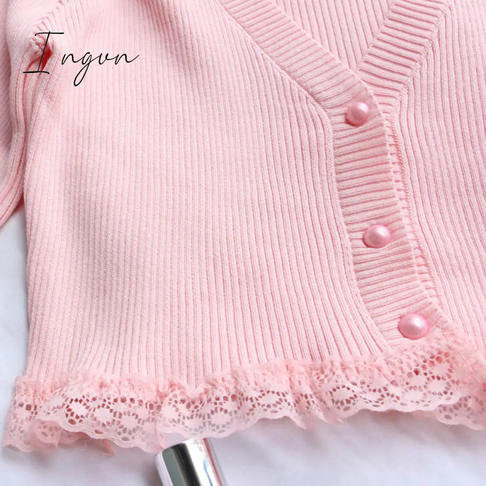 Ingvn - Kawaii Fairycore Pink Sweater Women Aesthetic Streetwear Long Sleeve Crop Tops Y2k E-girl Autumn Knittwear Outfit Femme